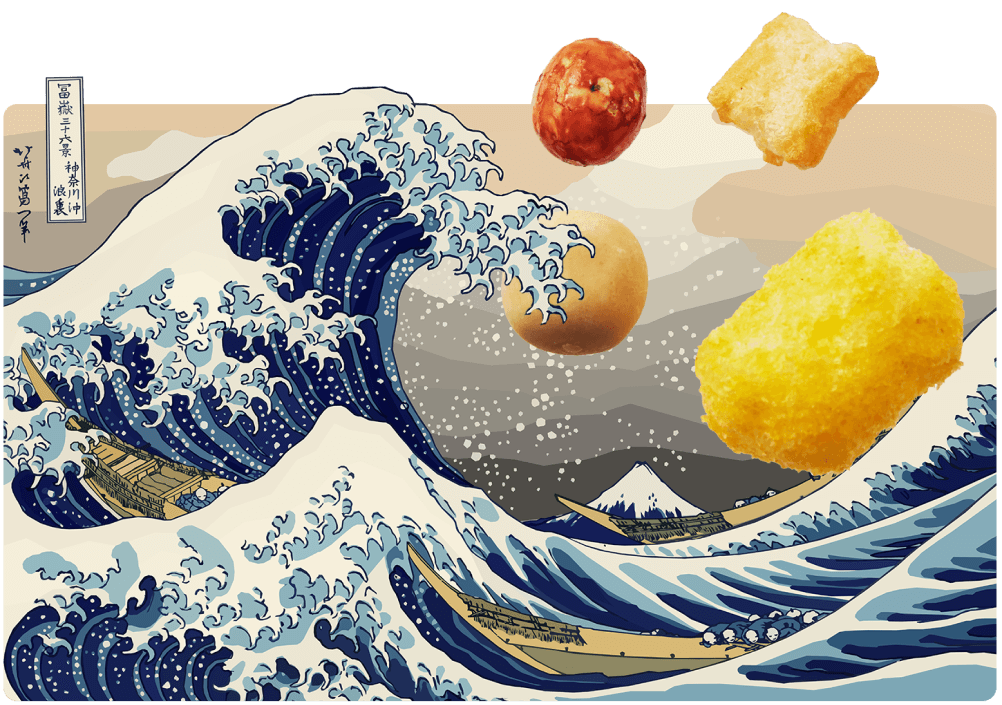 Crunchy Japanese snacks like dagashi with Hokusai's Great Wave in the background