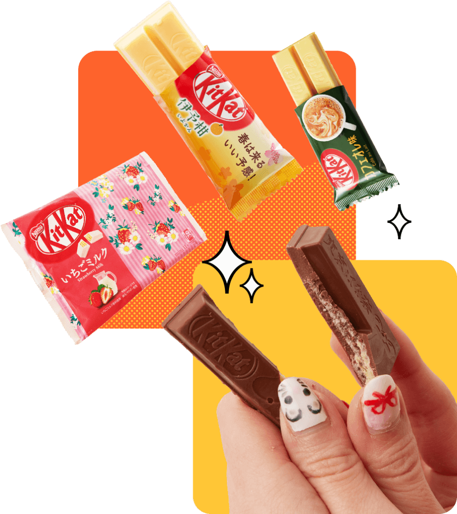 Multiple KitKat bars in specialty packaging arranged to highlight seasonal and regional Japanese flavors.