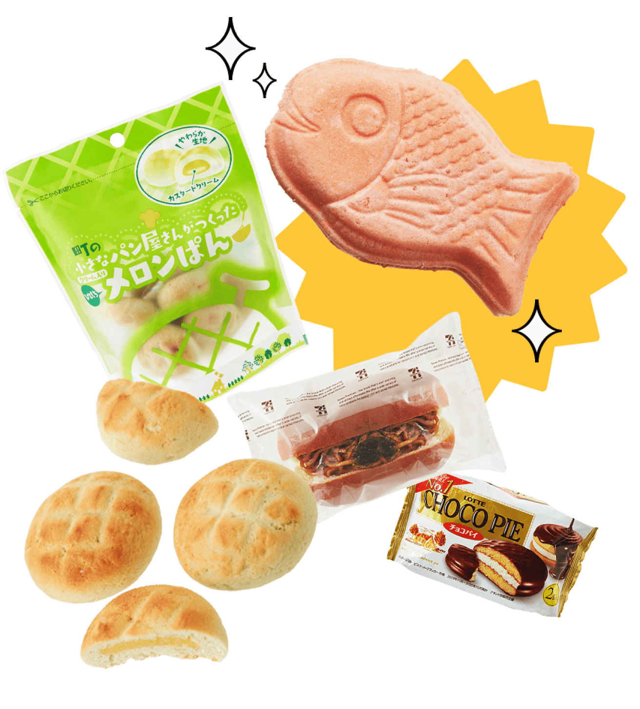 An assortment of desserts that include melonpan, taiyaki and cookies.