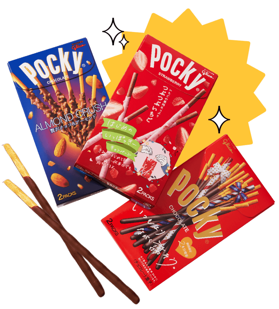 Classic Pocky biscuit sticks coated in rich milk chocolate, popular Japanese snack treats known for their crunchy texture and chocolate covering.