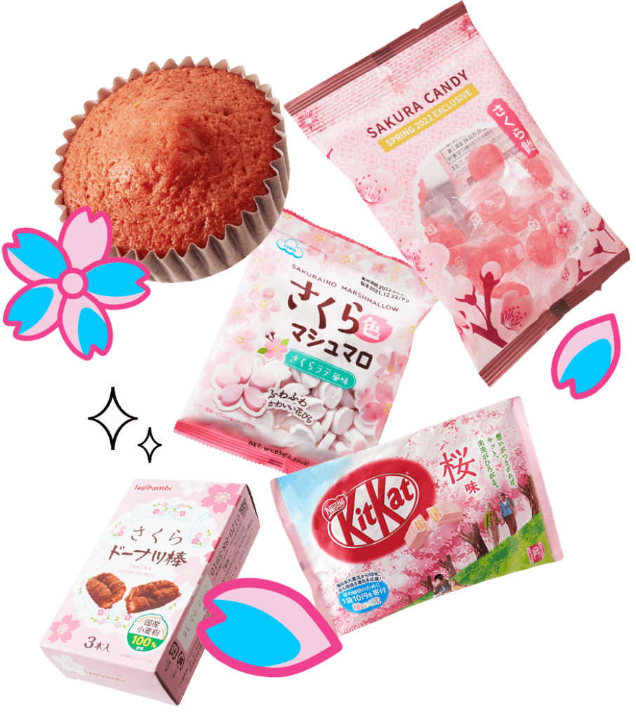 Artistic arrangement of Sakura (cherry blossom) flavored snacks or sweets, capturing the delicate pink hues and seasonal symbolic colors connected with Japanese springtime.