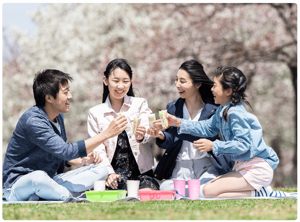 People enjoying food at a sakura hanami.