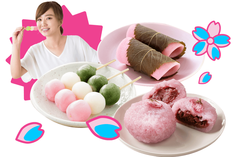 Various Sakura-themed confections shown together, featuring floral motifs and springtime colors popular in Japanese seasonal sweets. A woman is eating hanami dango.