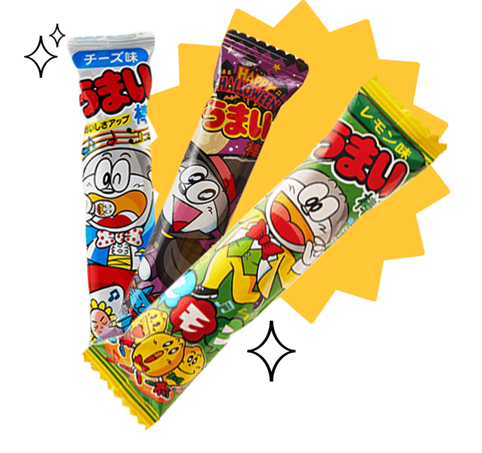 Umaibo corn puff sticks in classic savory flavors, individually wrapped with colorful, playful packaging iconic to this Japanese snack.