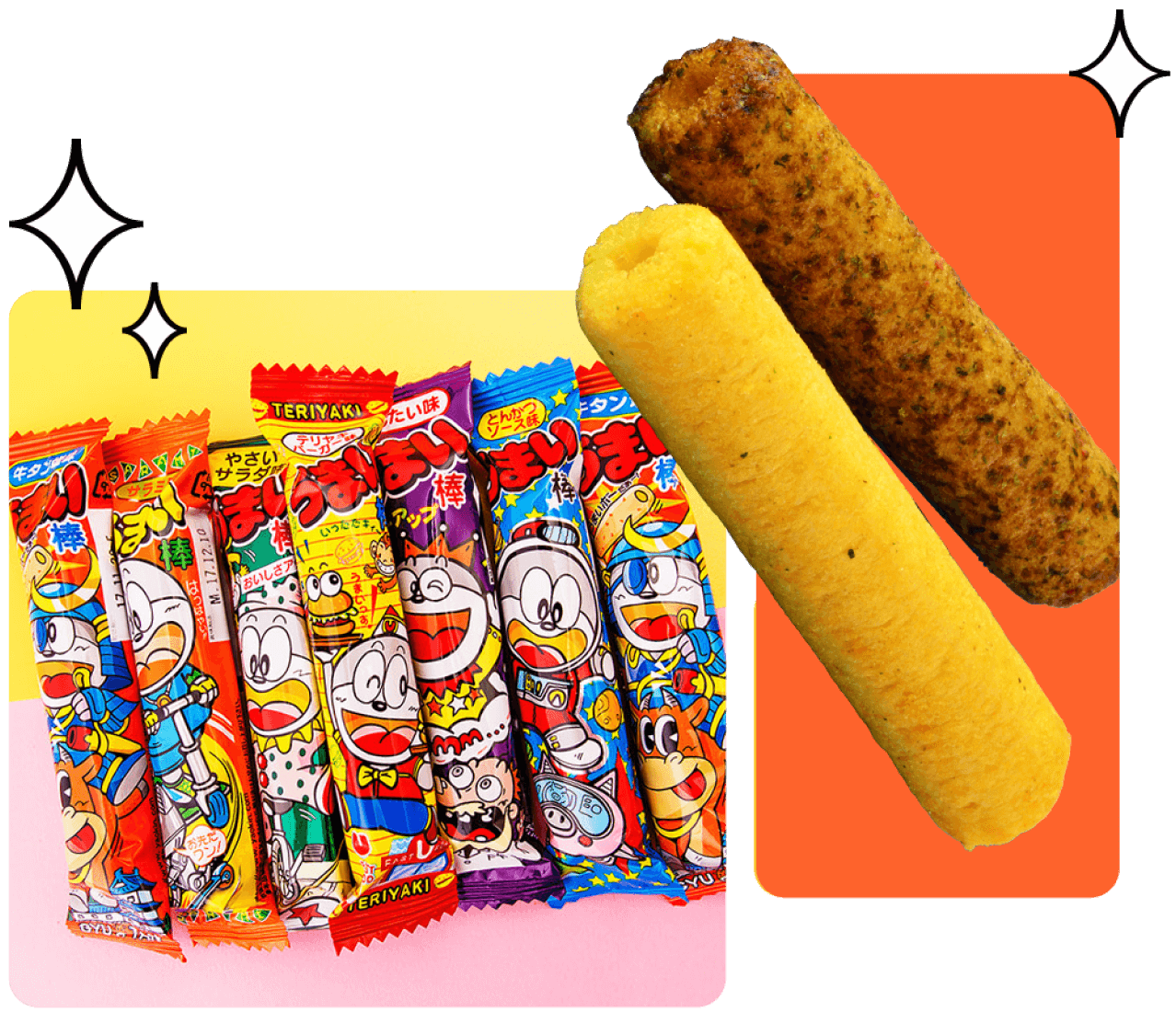 Multiple Umaibo snack sticks featuring diverse flavors and bright packaging designs, showcasing variety in this popular savory snack category.